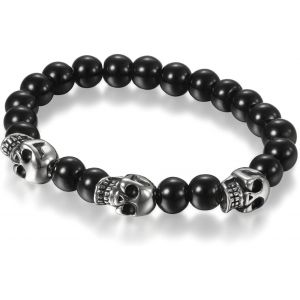 Trahoo-Bracelet Charme Pour Homme Garçon, Bracelet Perles Boules Verre Acier Inoxydable Tête De Mort Crâne Couleur Argent Noir Fantaisie Cadeaux Anniversaire Noël Halloween - Neuf