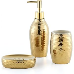 BHHBB-Lot de 3 distributeurs de savon doré, en céramique, porte-savon et gobelet de luxe pour salle de bain et WC d'invités - Neuf