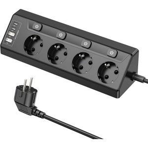 Prise d'angle avec USB, Multiprise &agrave; 4 Prises avec Interrupteur, Multiprise avec 2 USB et 2 Type-C, Protection Antisurtension 8 en 1 avec c&acirc;ble de 2M pour Smartphones Tablettes, Maison, Noir - Neuf