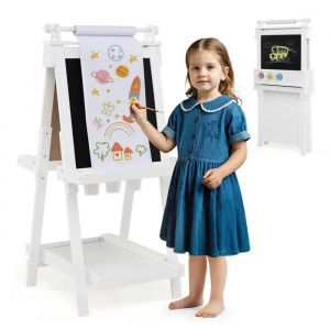 COSTWAY Tableau Enfant &agrave; Double Face avec Tableau Blanc Magn&eacute;tique et Rouleau de Papier Rempla&ccedil;able 3 Ans+ Blanc - Neuf