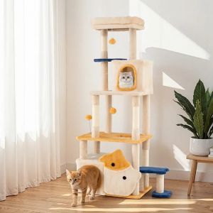Arbre &Agrave; Chat Multi-Niveaux 163 Cm Costway, 2 Condos Perchoir En Peluche Amovible Poteaux &Agrave; Griffer En Sisal Balles Jouet &Agrave; Ressort - Neuf