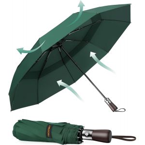 Parapluie Pliant Automatique Compact, Parapluie Solide Homme De Voyage, Rev&ecirc;tement En T&eacute;flon 210t, Anti-Temp&ecirc;te, Double Toit Coupe-Vent Ventil&eacute;, Poign&eacute;e En Bois V&eacute;ritable - Neuf