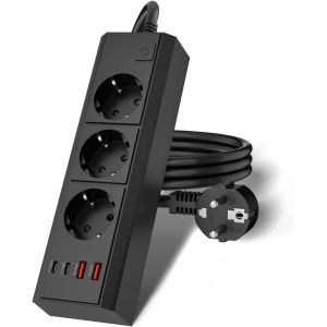Multiprise avec 3 Prises Schuko et 4 USB, avec Interrupteur et c&acirc;ble de 1,5 m, Prise Plate 2500 W 10 A pour Bureau, Famille, Cuisine et Voyage - Neuf