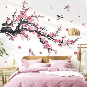 ERYI-Stickers Muraux Branche De Fleurs Rose Autocollant Mural Floral Arbre Aquarelle Oiseaux Décoration Murale Chambre Enfants Bébé Salon Tv Mur - Neuf