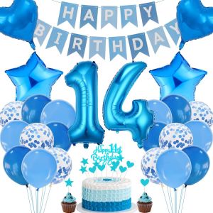 CAUC-D&eacute;corations de 14e anniversaire, d&eacute;coration de g&acirc;teau bleu 14e anniversaire gar&ccedil;on, d&eacute;coration de f&ecirc;te bleue, 14e anniversaire fille gar&ccedil;on, d&eacute;coration de g&acirc;teau 14e anniversaire gar&ccedil;on fille, d - Neuf