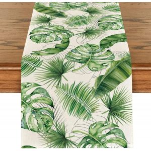 Sjzg-Chemin De Table Tropiques Feuille De Monst&egrave;re Lin Vert Feuilles L'&eacute;t&eacute; Chemin Table F&ecirc;te D&eacute;coration De Table Pique-Nique Chemins De Table Pour Mariage Rustique Jardinage Farmhouse Decor 40 X 140 - Neuf
