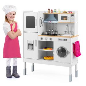 Cuisine Enfants 3Ans+ COSTWAY en Bois - 16 Accessoires, Effect Sons et Lumi&egrave;res avec T&eacute;l&eacute;phone, V&ecirc;tements de Chef Rose Naturel - Neuf