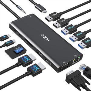 Station d'accueil USB-C 2 moniteurs, pour ordinateur portable, triple &eacute;cran 14 en 1, adaptateur de hub USBC avec 2 HDMI, VGA, Ethernet, PD, USB C Data, 5 USB, fente pour carte SD TF, audio (noir) - Neuf