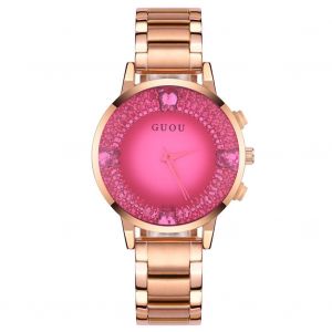 Montre Analogique A Quartz Pour Femme, Bracelet En Alliage, Grand Cadran Rond (Cadran Rose Rouge) - Neuf
