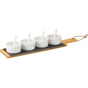 Set De Service,9 Pi&egrave;ces.,1 Plateau En Bambou + 4 Pots + 4 Cuill&egrave;re,Ardoise/Bambou/C&eacute;ramique,Tapas + Friends,Gris/Brun/Blanc,69662260 - Neuf