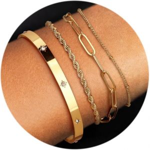 Eryi-Bracelet Femme Or 14 Carats Bracelet Plaqué Or Femme Chaîne De Trombone Satellite À Chevrons Ensemble De Bracelet Jonc Femme Or Empilables Réglables Ensemble De Bijoux Femme - Neuf
