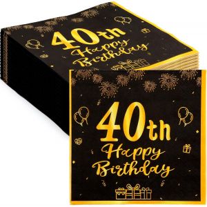 MEVRONISSHOP-60 Pi&egrave;ces Serviettes Anniversaire Joyeux 40 Ans, Serviettes pour F&ecirc;tes Joyeux Anniversaire Decoration, Serviette Papier Or Noir,serviette de table 40 ans - Neuf
