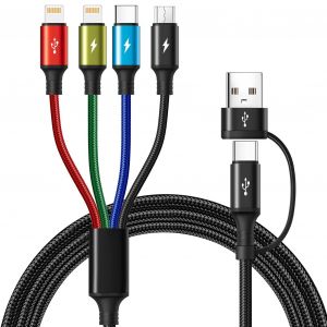 KALANKA-C&acirc;ble de Charge 4 en 2, Cable Multi Embout avec Transfert de Donn&eacute;es [1,8M] C&acirc;ble Multi USB Universel en Nylon, C&acirc;ble de Charge Rapide USB avec Micro/Type C/IP pour iPhone,Android,Tablette - Neuf