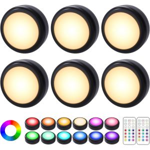 6 Pcs Lampe Placard De 1w, Lampe Led Veilleuse Rgb 13 Couleurs Luminosit&eacute; Lampe Murale Sans Fil R&eacute;glable Pour Cuisine, Chambre,Coiffeuse,Couloir Aliment&eacute; Par Batterie(Non Inclus)Avec 2 T&eacute;l&eacute;commandes - Neuf