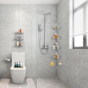 &Eacute;tag&egrave;re Douche Telescopique, Etagere Salle de Bain d'Angle Sans Per&ccedil;age pour M&eacute;tal avec 4 Paniers de Rangement Douche, R&eacute;glable en Hauteur 85-325cm, Gris - Neuf