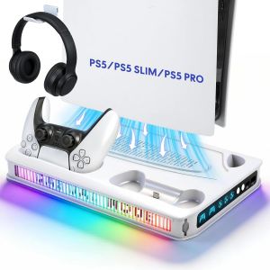 Support pour PS5/PS5 Slim/PS5 Pro avec ventilateur &agrave; 3 niveaux et lumi&egrave;re, support PS5 avec station de charge double manette, support pour casque, emplacement &agrave; distance pour PS5 - Neuf