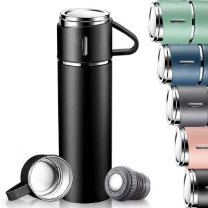 Eryi-Bouteille Isotherme 500ml, Gourde Isotherme Inox Avec Tasse Et Etanche Couvercle, Mug Isotherme De Voyage Pour Café, Thé, Boissons Chaudes Ou Froides, Tasse Isotherme Pour Enfant, Randonnée (Noi - Neuf