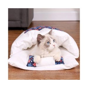 Sac De Couchage Confortable Pour Chat De Style Japonais Avec Oreiller En Velours - Bleu Fonc&eacute;, 65x50cm, Parfait Pour Le Confort Hivernal - Neuf