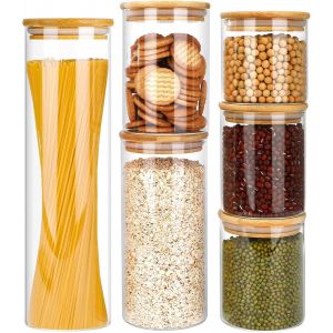 Letnerny-6 Bocal En Verre Avec Couvercle, 1330ml/830ml/530ml/2x430ml/330ml, Bocaux En Verre Hermétique, Pot En Verre Avec Couvercle En Bambou, Bocaux Rangement Cuisine Pour Spaghetti, Pâtes, Céréales - Neuf