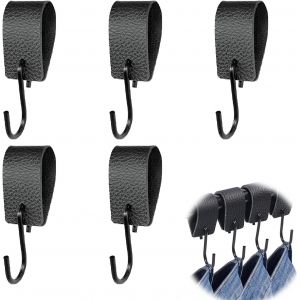 Lot De 5 Crochets En Forme De S - Noir - Avec Boucle En Cuir - Pour Suspendre - Porte-Manteau - Crochet En M&eacute;tal - Avec Boucle En Cuir - Pour Porte-Manteau,Tringle &Agrave; V&ecirc;tements,Cuisine, - Neuf