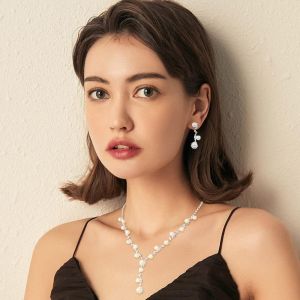 Ensemble De Bijoux De Mariage En Argent Perle Parure Boucles D'oreilles Collier Bracelet Strass Boucle D'oreille Mari&eacute;e Soir&eacute;e Fleur Feuille Pendentif Pour Femme Et Fille - Neuf