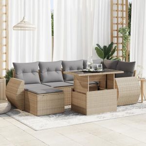 Salon De Jardin Avec Coussins 7 Pcs Beige Résine Tressée - Neuf