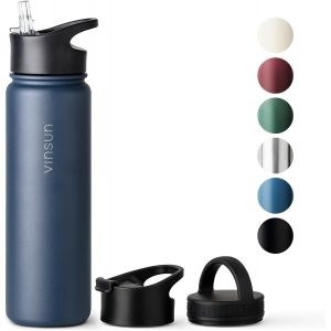 Tzf-Vinsun Gourde Isotherme Inox 750ml - Avec Paille (3 Bouchons) - &Eacute;tanche, Sans Bpa, Reutilisable - Bouteille Thermo Sport, Randonnee, Velo, Voyage, &Eacute;cole, Bureau - Neuf