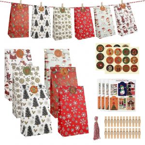 Pack de 24 sacs de calendrier de l'Avent 2022 avec des num&eacute;ros 1 &agrave; 24 autocollants pour la d&eacute;coration de No&euml;l - Neuf