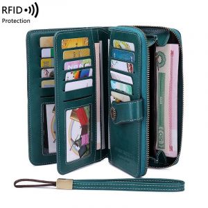 HUED-Brosse antivol RFID, portefeuille r&eacute;tro long de grande capacit&eacute;, portefeuille multi-cartes pour femmes, portefeuille multifonction &agrave; fermeture &eacute;clair avec dragonne-Peacock blue - Neuf