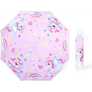 Parapluie Pliant Enfant Anti-Uv, Parapluie Compact L&eacute;ger Automatique Anti-Rebond Avec Bande R&eacute;fl&eacute;chissante, Mini Parapluie De Voyage Pour Bebe, Filles, Gar&ccedil;ons, Fleur Arc-En-Ciel - Neuf