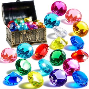 KAL-Jouet De Plongée Sous-Marine Gem, 16 Gros Diamants Colorés Avec Coffre Au Trésor De Pirate, Jouet De Piscine, Jouet D'Entraînement À La Natation Sous-Marine - Neuf