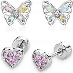 Kal-2 Paires Boucles D'oreilles Pour Femmes Filles Acier Inoxydable Coeur Multicolore Fleur Papillon Cz Boucles D'oreilles Hypoallergéniques Boucle D'oreille À Visser - Neuf