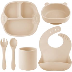 Kal-Set Vaisselle Silicone Repas Bébé 6 Pièces,Antiderapante Assiette Avec Ventouse Bol Tasses Fourche Cuillère Bavoir,Sans Bpa Enfant Vaisselle,Set Repas Bébé Passe Lave Vaisselle Et Micro Onde,Beig - Neuf