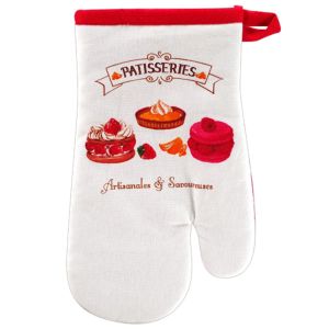 Promotion ! Gant De Cuisine 'p&acirc;tisseries' Rouge Blanc (Artisanales Et Savoureuses) - 28x14 Cm - Neuf