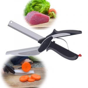 Cutter 2-en-1 en acier inoxydable avec planche &agrave; d&eacute;couper int&eacute;gr&eacute;e pour l&eacute;gumes fruits viande pain 24.5 cm outil de cuisine pratique et s&eacute;curis&eacute; pour salades et barbecue - Neuf