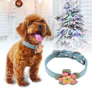 Hjlian Collier Pour Chien A Trois Couches En Pu Souple Avec Strass Et Fleurs, Bleu, Taille S - Neuf