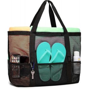 Sac de plage,sac de plage en maille de couleur F Fourre-tout de plage surdimensionné 9 poches Sac à jouets de plage - Neuf