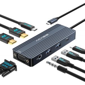 USB C Docking Station Dual Monitors,Laptop Docking Station avec Dual HDMI 4K@60HZ,1*VGA 1080P@60HZ,2 * 5G USB A,1 * 5G USB C,3.5MM Audio,PD100W;8 in 1 Hub pour Dell/HP (DS0801-GY).[M344] - Neuf