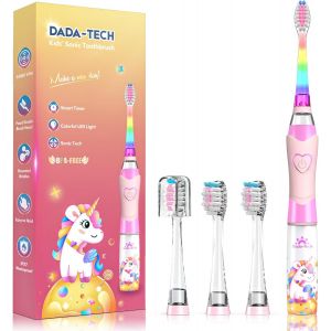 Nsiecd-Brosse &Agrave; Dents &Eacute;lectrique Enfant 3-6-8-12 Ans, Brosse &Agrave; Dent Electrique Enfant Sonique Avec Minuteur, Lumi&egrave;res Led Arc-En-Ciel Et 4 T&ecirc;tes &Agrave; Poils Doux Pour Kids Filles Et Gar&ccedil;ons (Rose Licorne - Neuf