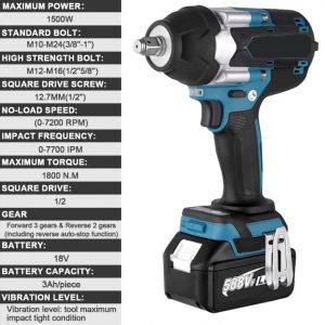 Cl&eacute; &agrave; chocs sans fil 18V compatible Makita &iquest; 1800N.m &iquest; 1/2" Brushless - Neuf