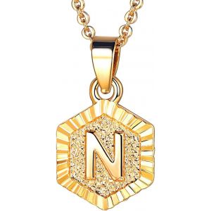 Kal-Collier Femme Initiale Plaqu&eacute; Or Jaune, Pendentif Hexagone Avec Lettre, Cha&icirc;ne Rolo Ajustable De 1,8mm/50+5cm - Neuf
