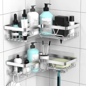 &Eacute;tag&egrave;re de Douche d'Angle sans Percage, Argent, Style Minimaliste, R&eacute;sistant &agrave; l'Eau et &agrave; la Rouille, Montage Mural, 1 Compartiment, 1 Pack - Neuf