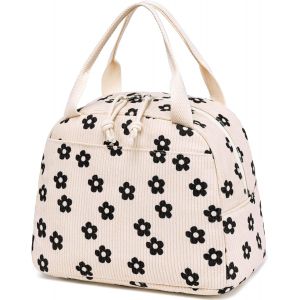 Boîte à déjeuner isolée pour femme - Sac à déjeuner en velours côtelé - Sac à main étanche - Glacière thermique - Grande capacité - Boîte à déjeuner (fleur noire).[G1139] - Neuf