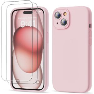 3 En 1 Coque Iphone 15 Silicone Liquide - Avec 2 Verre Trempé - Étui Protection Précise De Caméra [Résistant Aux Rayures] [Antidérapant] Iphone 15 Case 6.1"", Rose.[S4519] - Neuf