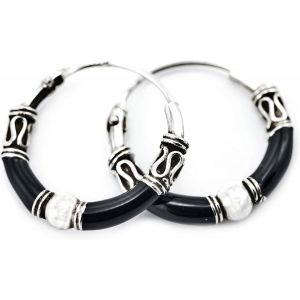 Chenquansarl-Boucles D'oreilles Cr&eacute;oles Vintage Viking Asgard Diam&egrave;tre 1,5 Cm Noires Avec Boule Boho Gothique En Argent Sterling 925 - Neuf