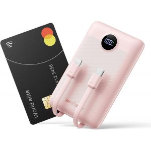Batterie Externe 10000mah, Power Bank Charge Rapide Pd 22.5w Avec Câbles Intégrés Usb C Sortie, Mince Légère Portable Chargeur Affichage Led, Universel Compatible Iphone/Samsung (Rose) - Neuf