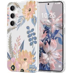 JGD-Coque Florale pour Samsung Galaxy S25 Plus/S24 Plus Coque de Transparente Anti-jaunissement, Joli Motif Floral Anti-Rayures, Protection TPU Cover pour Filles et Femmes-Rose - Neuf
