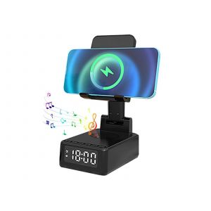 Chargeur sans fil 4 en 1, enceinte Bluetooth, r&eacute;veil, support pour t&eacute;l&eacute;phone - Neuf
