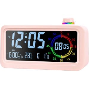 KAL-Réveil Numérique, Écran Led Couleur Visuel Réveil Avec Minuterie, 2 Niveaux De Luminosité, 3 Niveaux De Volume, 3 Alarmes, Fonction Snooze, 12/24 Heures, Compte À Rebours 60 Minutes (Rose) - Neuf