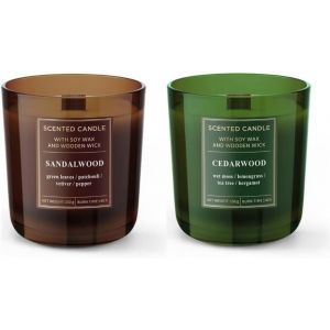 Lot de 2 bougies parfumées Cedarwood et sandalwood-8,5 x 8 x 8,5 cm-150 g par Vert-Marron - Neuf